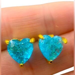 Large Ocean Sky Blue Heart Crystal Stud Earrings, 14k Yellow Gold Plated Setting